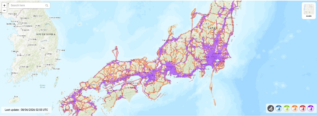 日本收訊熱點範例圖：都會區覆蓋較密，偏遠與山區較稀疏